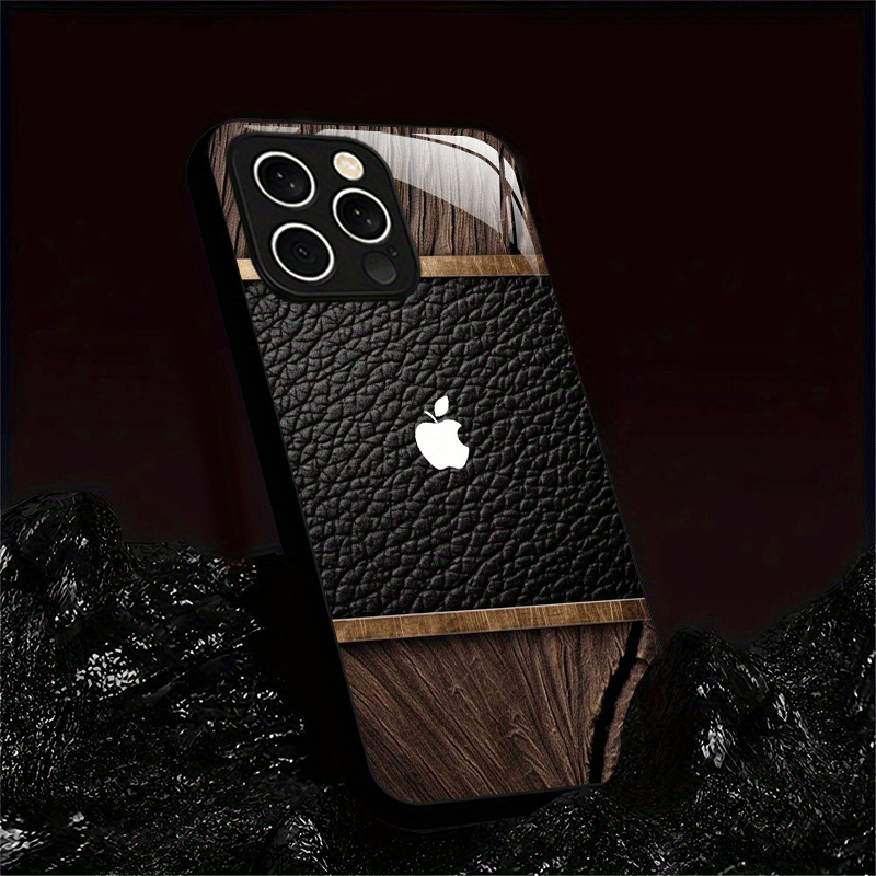 Étui en bois, cuir et verre blanc avec logo Apple pour iPhone