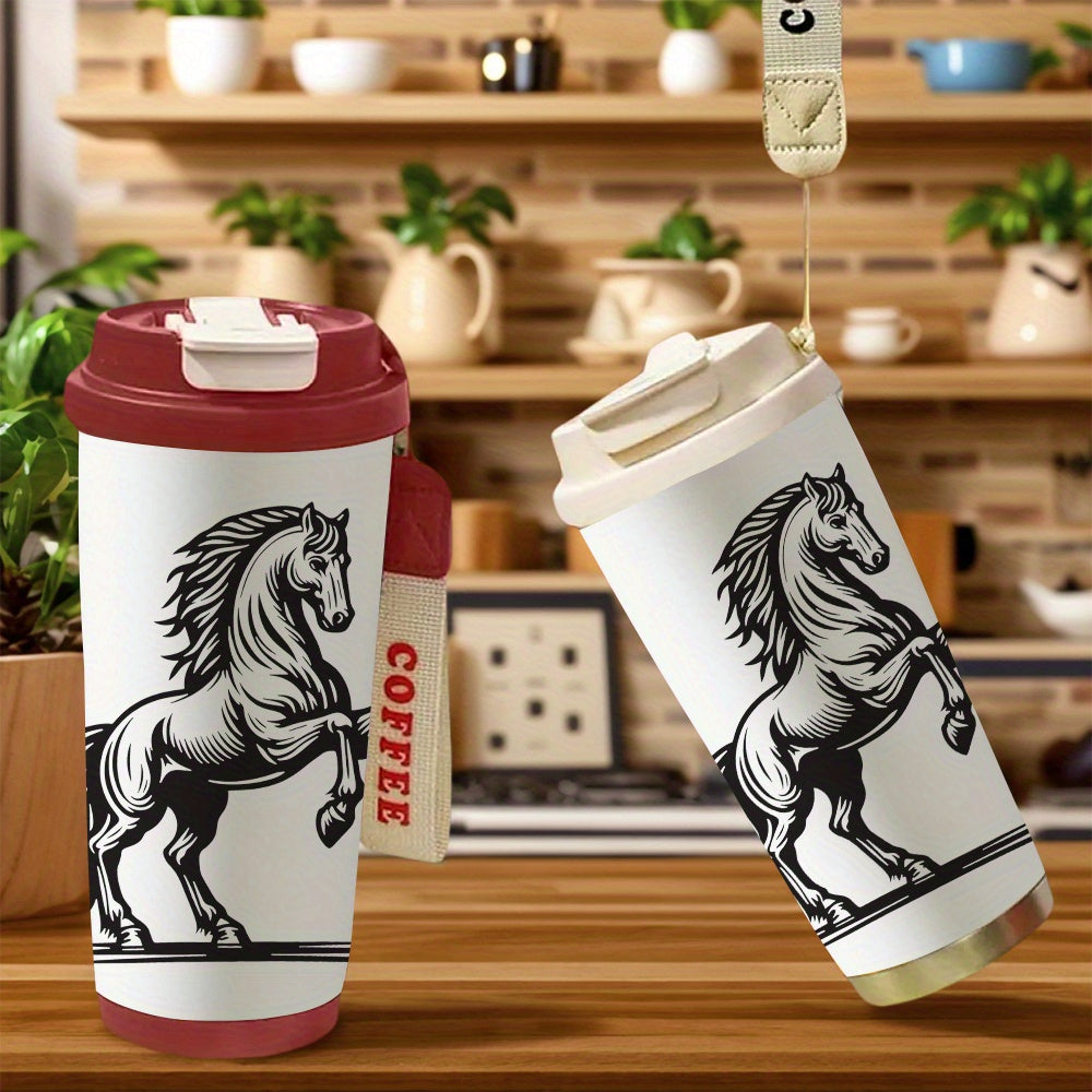 Mug élégant à motif cheval au galop (1 pièce) - Tasse à café isotherme à double paroi en acier inoxydable 316 de 500 ml avec couvercle étanche