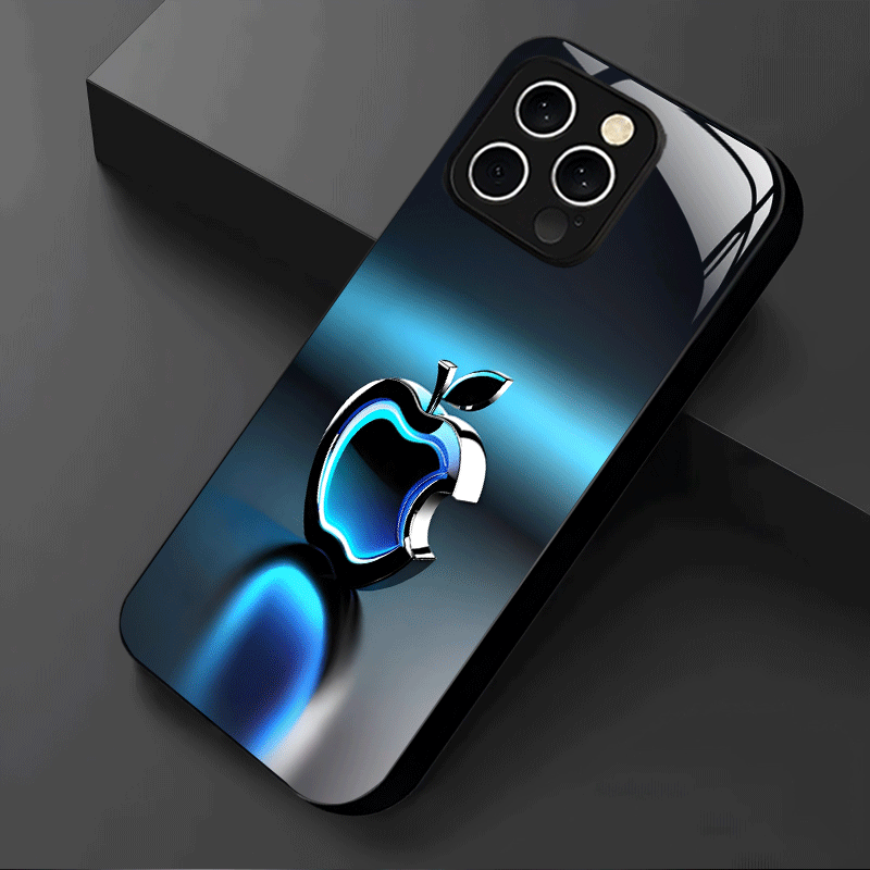 Coque en verre trempé avec logo Apple à effet lumineux bleu