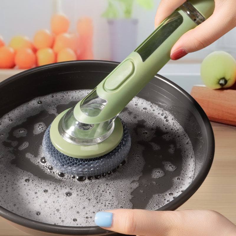 Brosse à vaisselle ergonomique dotée d'un distributeur de savon intégré pour un nettoyage sans effort