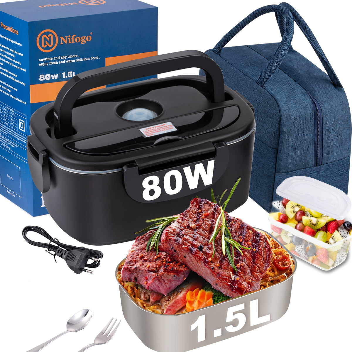 Boîte à lunch avec puissance de 80 W, capacité de 1,5 L pour adultes, boîte à lunch thermique, boîte à lunch chauffante portable pour les sorties, livrée avec sac isotherme et couverts, convient pour chauffer les repas dans les camions et les voitures