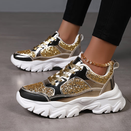 Women's Glittery Golden Dad Sneakers - Fashionable Lace-Up Platform Shoes with Reflective Thick Sole for Height Boost, Versatile All-Season Footwear - Topdecheztop.fr