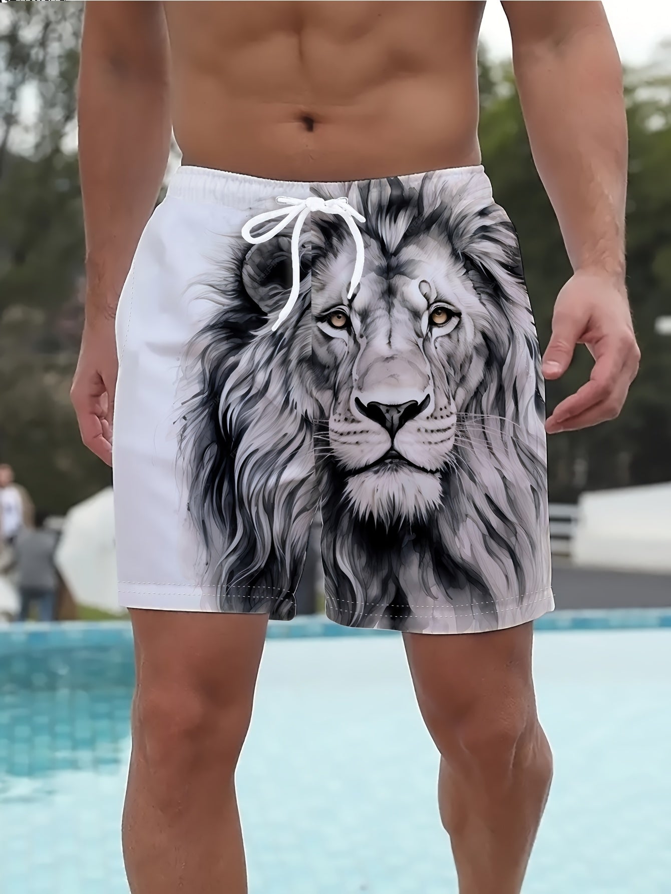 Short de bain homme à imprimé lion fantaisie, style décontracté
