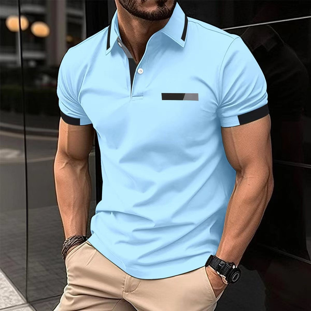 Polo décontracté pour homme, fausse poche poitrine, revers boutonné, style business