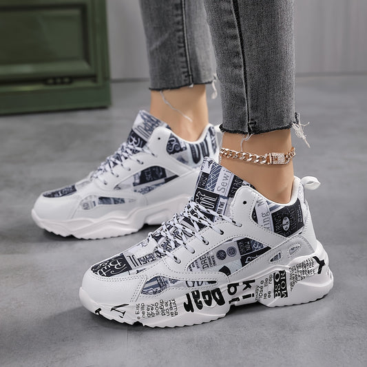 Trendy Graffiti Print Faux Leather Heighten Chunky Sneakers, Wear Resistance Non Slip Shock Absorption Sneakers, Casual Versatile Outdoor Sports Running Shoes Dad Shoes For Women & Men - Topdecheztop.fr