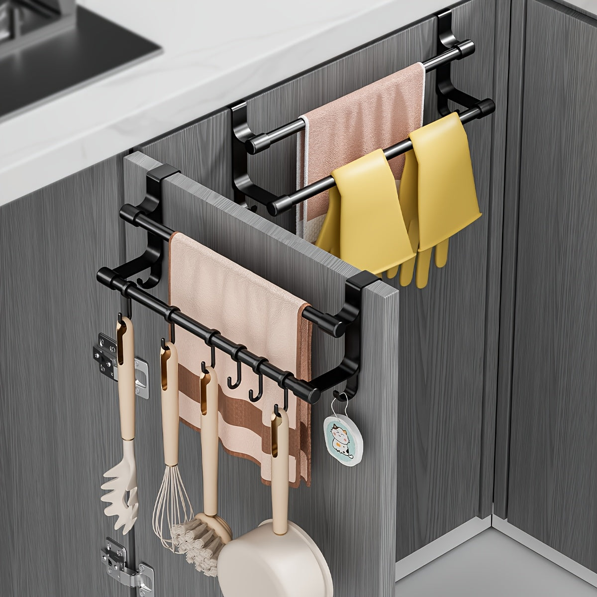 [2 tailles disponibles] 1 pc Porte-serviettes sur porte de meuble, barre double en acier inoxydable avec crochets latéraux, barre à serviettes de cuisine sans perçage, pour porte de meuble, organiser torchons, gants, outils de nettoyage, 2 tailles disponibles