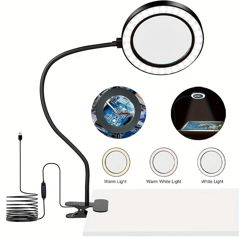 Lampe de bureau LED loupe intégrée (1 pièce), lampe à pince LED, 3 modes d'éclairage