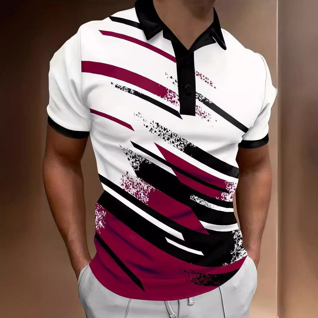 Pull à revers imprimé numérique 3D, manches courtes, style décontracté