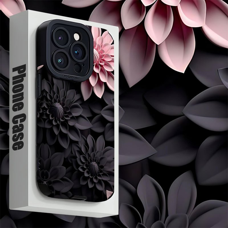 Coque de téléphone à motif floral 3D rose et noir pour les modèles d'iPhone