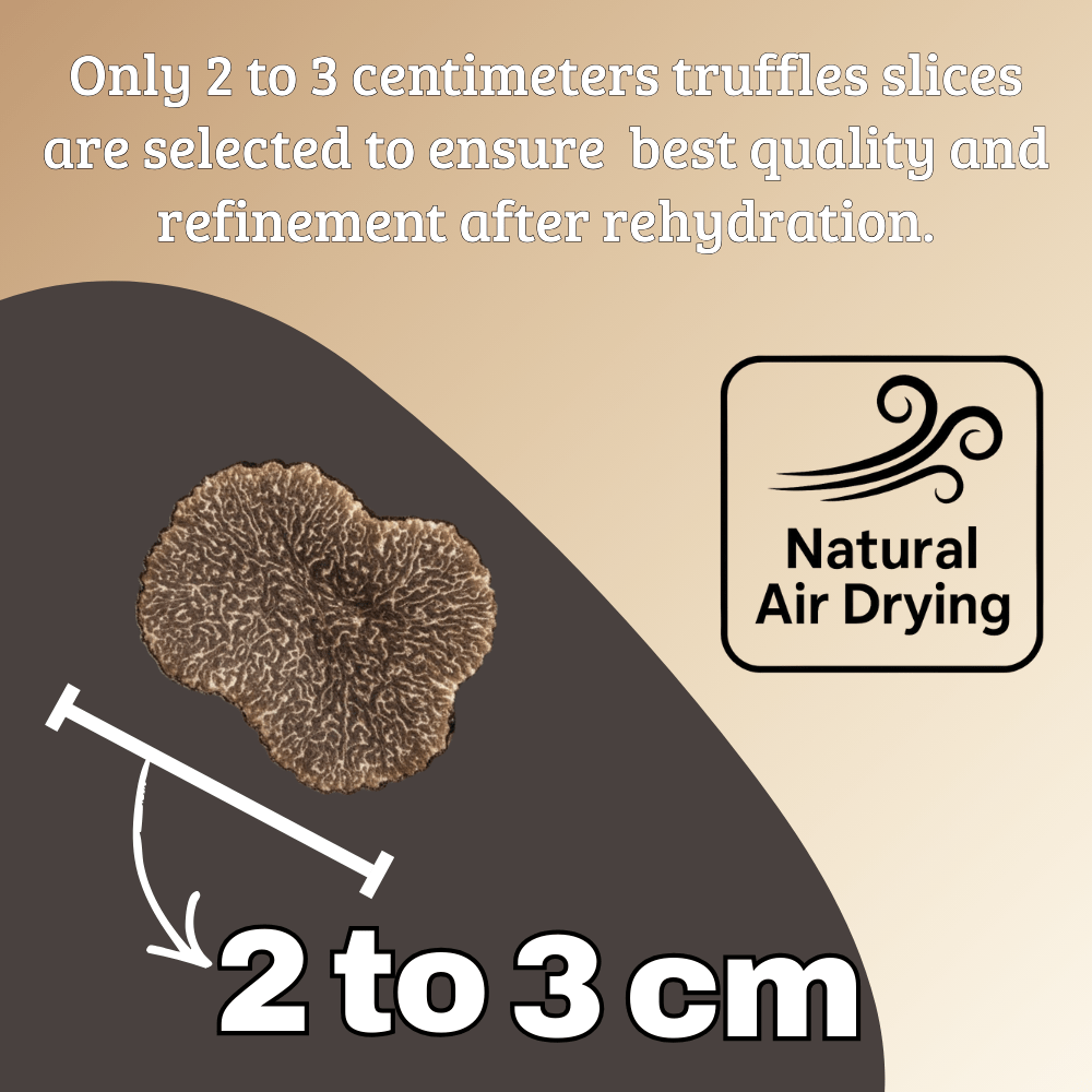 Tranches de Truffes Noires d'Hiver Déshydratées ◈ 50 grammes ◈ Truffe 100% Naturelle ◈ Qualité Premium ◈ Sans additifs ou conservateurs ◈ Séchage à Air Basse Température = Saveurs Préservées & Longue Conservation ◈ Réhydratation Rapide : Moins de 10 Minutes