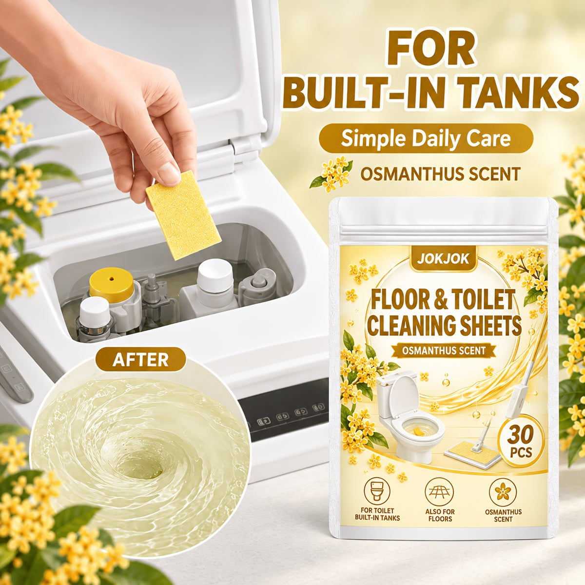 JOKJOK Feuilles de Nettoyage Premium pour Sol et Toilettes 30 pièces, Pastilles de Nettoyage Effaçables Parfumées à l'Osmanthus, Une Feuille par Seau d'Eau, Éliminent les Taches et les Odeurs, Feuilles de Nettoyage Multi-Surfaces pour Carrelage, Parquet, Salle de Bain