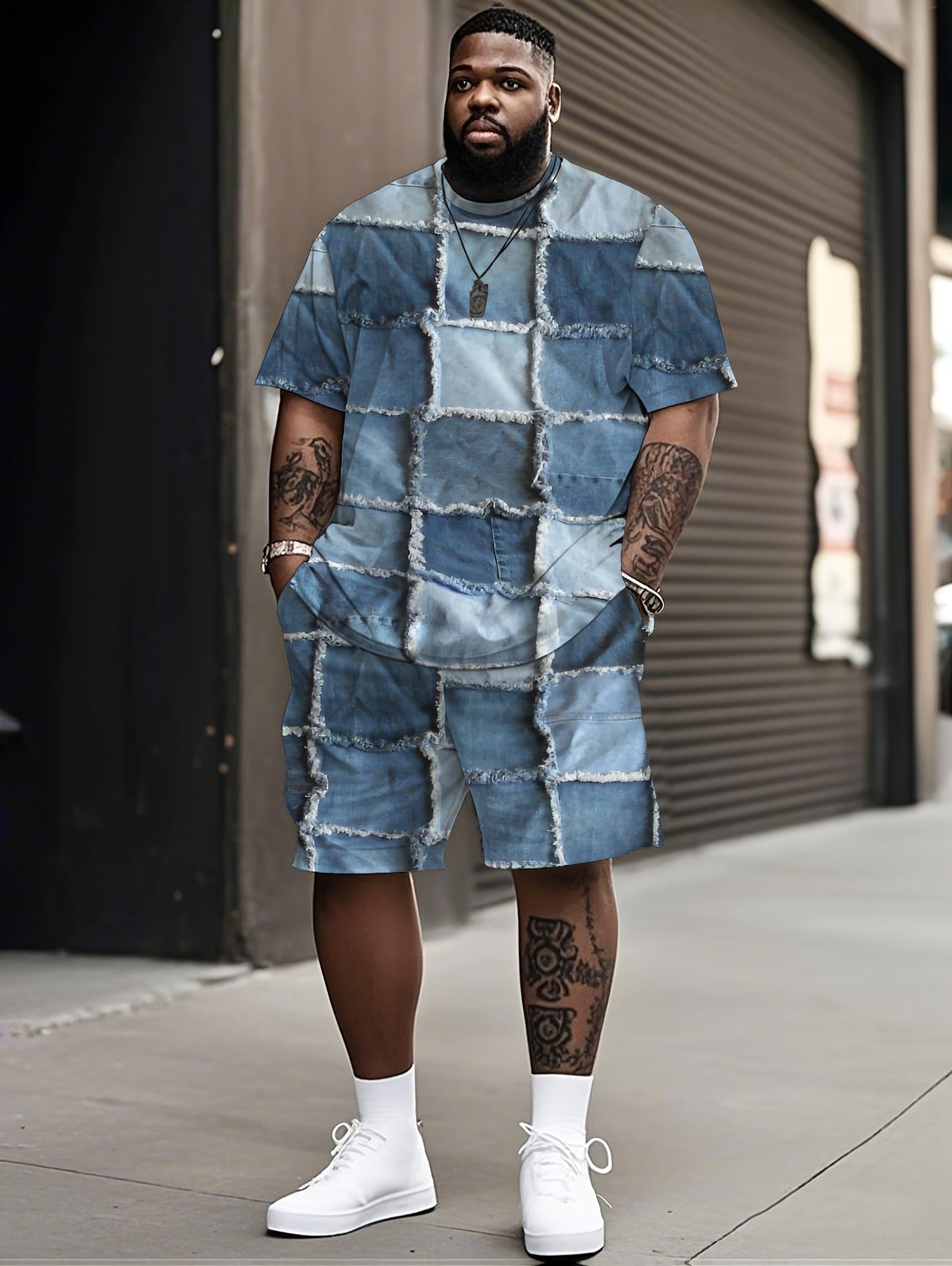 Ensemble t-shirt et short en denim patchwork, motif unique - Topdecheztop.fr