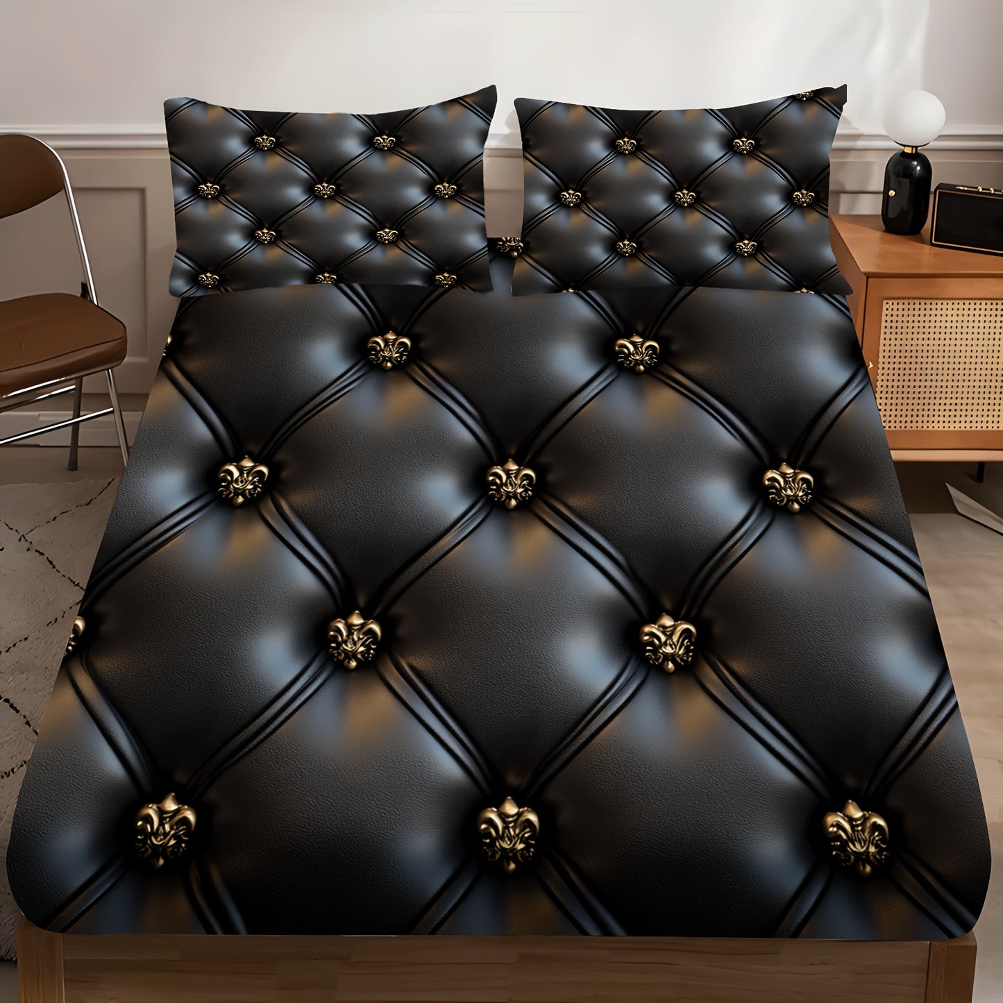 Ensemble de drap-housse capitonné 3 pièces, motif cuir noir avec boutons dorés