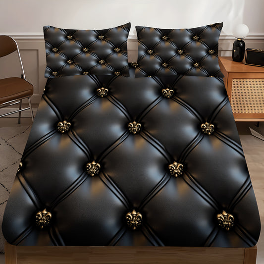 Ensemble de drap-housse capitonné 3 pièces, motif cuir noir avec boutons dorés