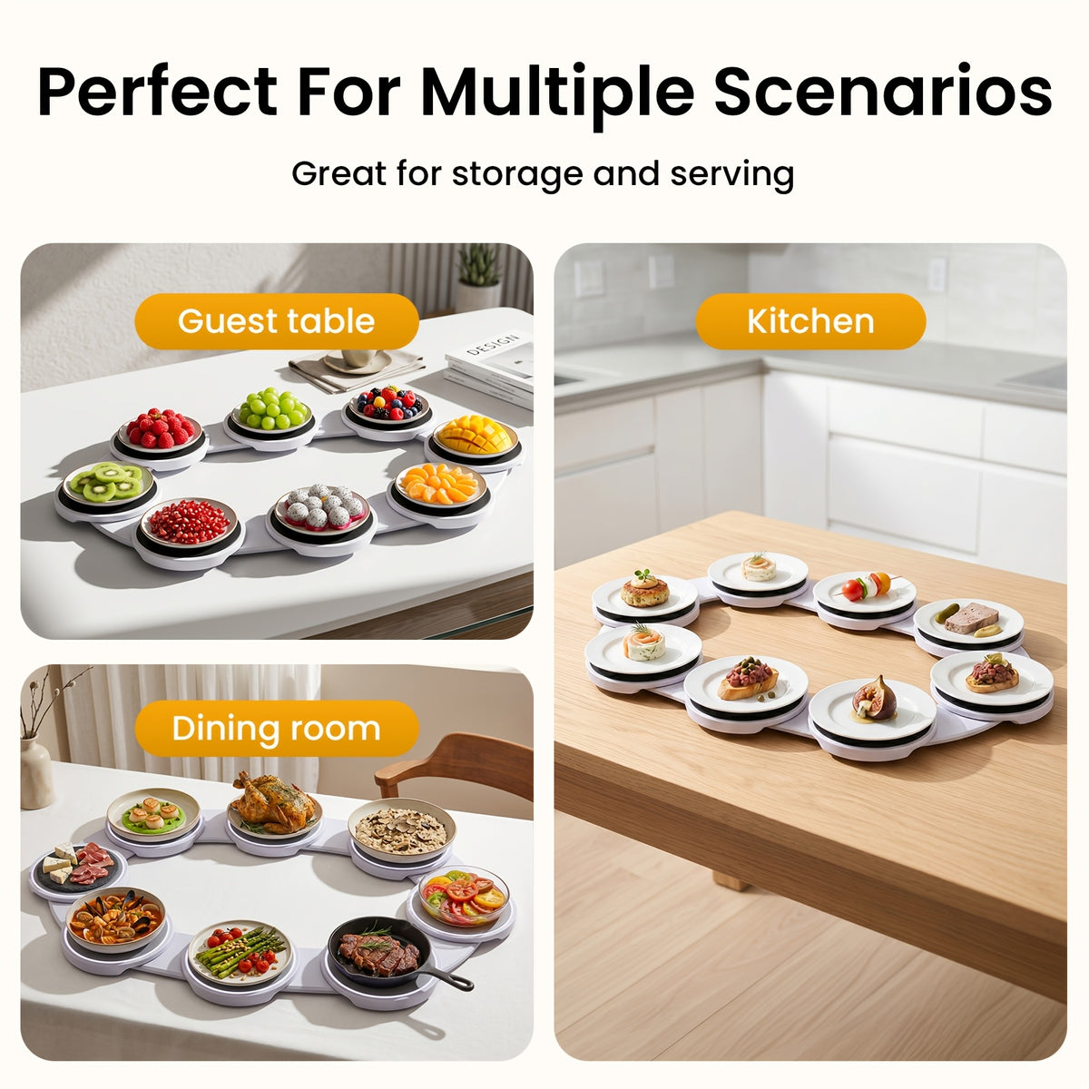 Plateau tournant rotatif extensible, plateau de service déformable à 8 compartiments et extension à une traction qui convient aux tables rondes, ovales et rectangulaires, grande capacité pour plusieurs tables, installation rapide et rangement facile, pour les banquets et fêtes de famille