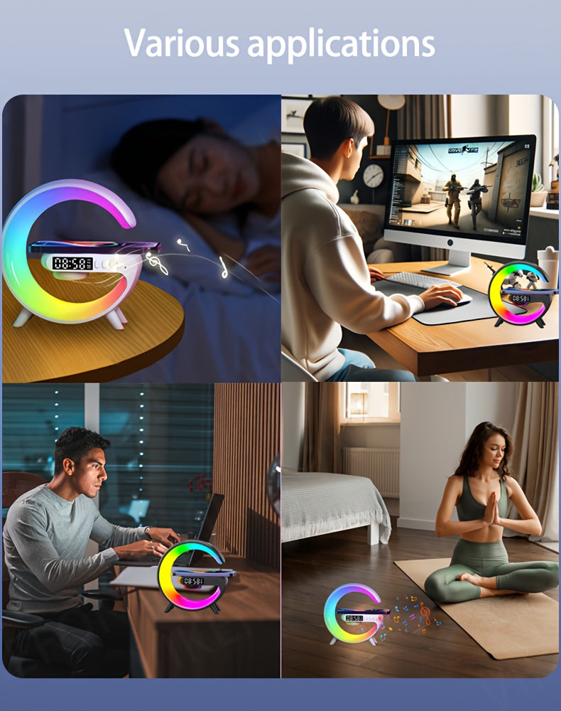 MINI Enceinte sans fil RGB multifonctionnelle, chargeur sans fil, support, radio-réveil FM