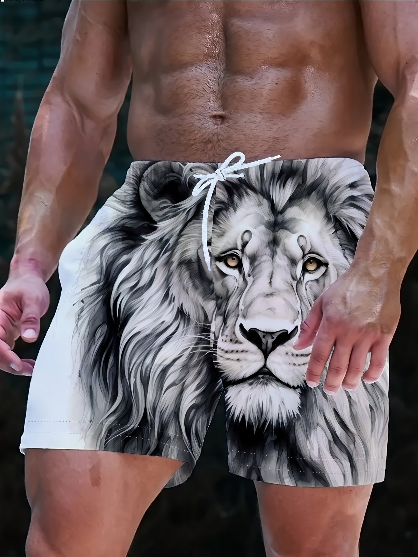 Short de bain homme à imprimé lion fantaisie, style décontracté