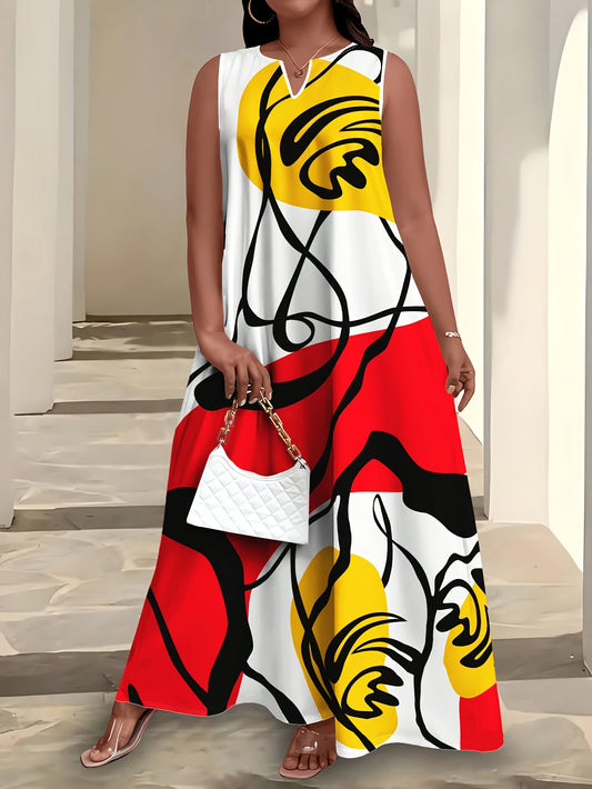 Robe grande taille décontractée, ample et colorée à imprimé, sans manches