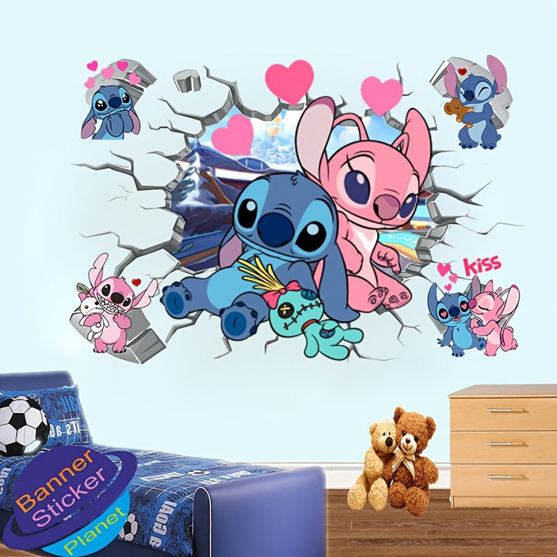 Stitch & Angel Heart Break Wall Decal - Large Waterproof PVC Sticker, Perfect for Bedroom & Playroom Decor, Featuring Beloved Cartoon Characters with Love Theme - Topdecheztop.fr