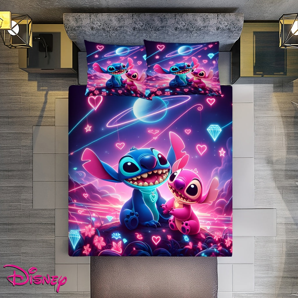 Stitch 3pcs Bedding Set, Cartoon Character Design, Soft Polyester 100, All-Season, Zipper Closure, Machine Washable, Digital Print, 90gsm - Includes Duvet Cover & 2 Pillowcases, Anime Theme Bedroom Decor, Valentine'S Day Gift - Topdecheztop.fr
