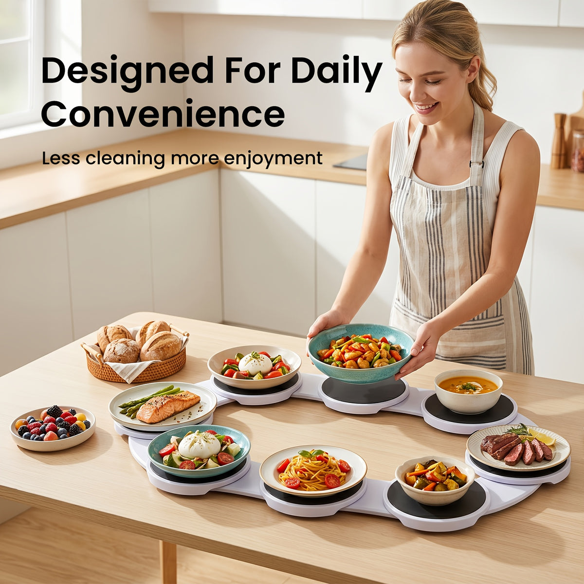 Plateau tournant rotatif extensible, plateau de service déformable à 8 compartiments et extension à une traction qui convient aux tables rondes, ovales et rectangulaires, grande capacité pour plusieurs tables, installation rapide et rangement facile, pour les banquets et fêtes de famille