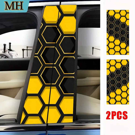 2pcs high quality car stickers, cool yellow honeycomb pattern door pillar stickers, self-adhesive waterproof vinyl semi-matte B-pillar protective film for B-pillar exterior accessories