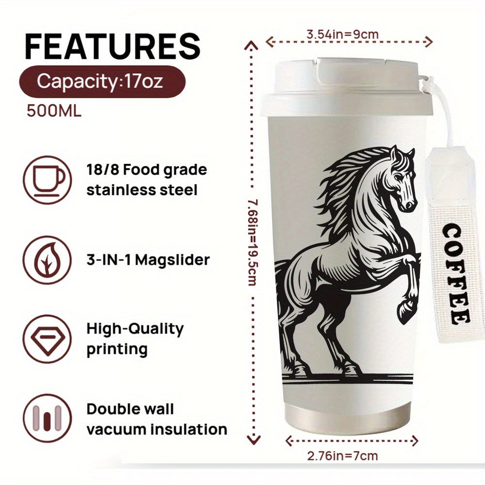 Mug élégant à motif cheval au galop (1 pièce) - Tasse à café isotherme à double paroi en acier inoxydable 316 de 500 ml avec couvercle étanche