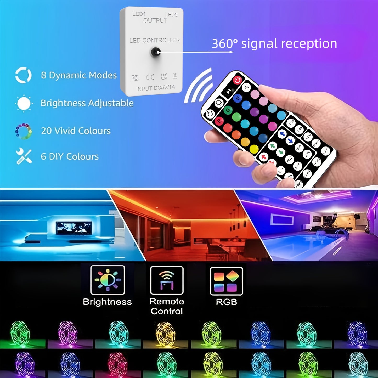 Bande LED RGB de 1 à 30 m pour chambre, avec télécommande 44 touches