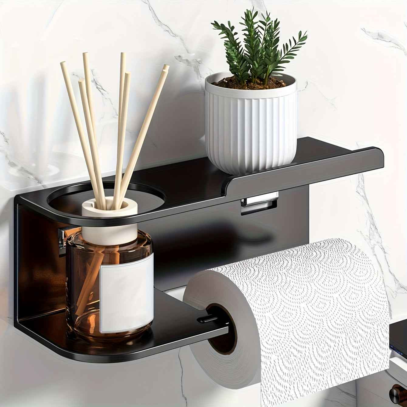 Wall-Mounted Tissue Holder with Bathroom Perfume Organizer - Stylish Black Multi-Functional Kitchen and Bath Storage, Space-Saving Design, Self-Adhesive Installation