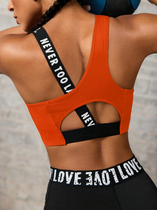 Women'S "NEVER TOO LATE" Graphic Asymmetrical Sports Bra - High Stretch, Hollow Back Design, Strapless Option, Perfect for Outdoor Activities, Workout Bra|Asymmetrical Neckline|Strapless Suppor - Topdecheztop.fr
