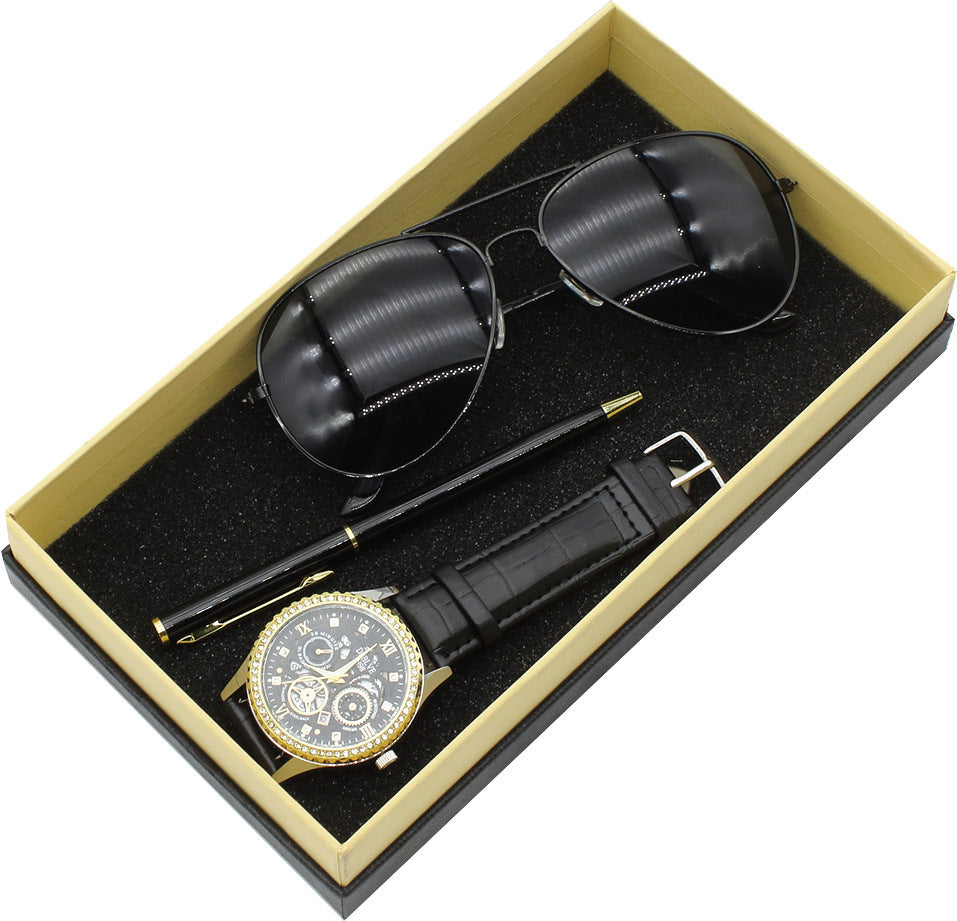 Montre à quartz pour homme, lunettes de soleil  stylo, coffret cadeau