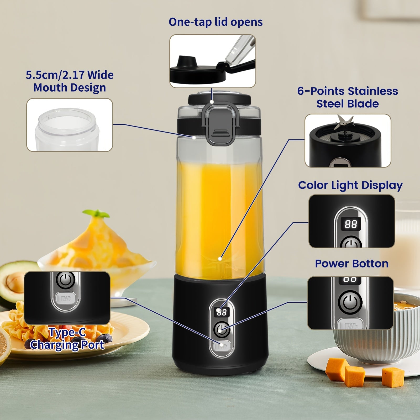 LALAYUAN USB-Powered Portable Blender & Juicer with Digital Timer, High-Speed Ice Crushing, One-Tap Lid, 1300mAh Battery, 6-Blade Stainless Steel, USB-C Charging, Compact Blender for Smoothies, Protein Shakes, Gym, Travel, Of - Topdecheztop.fr