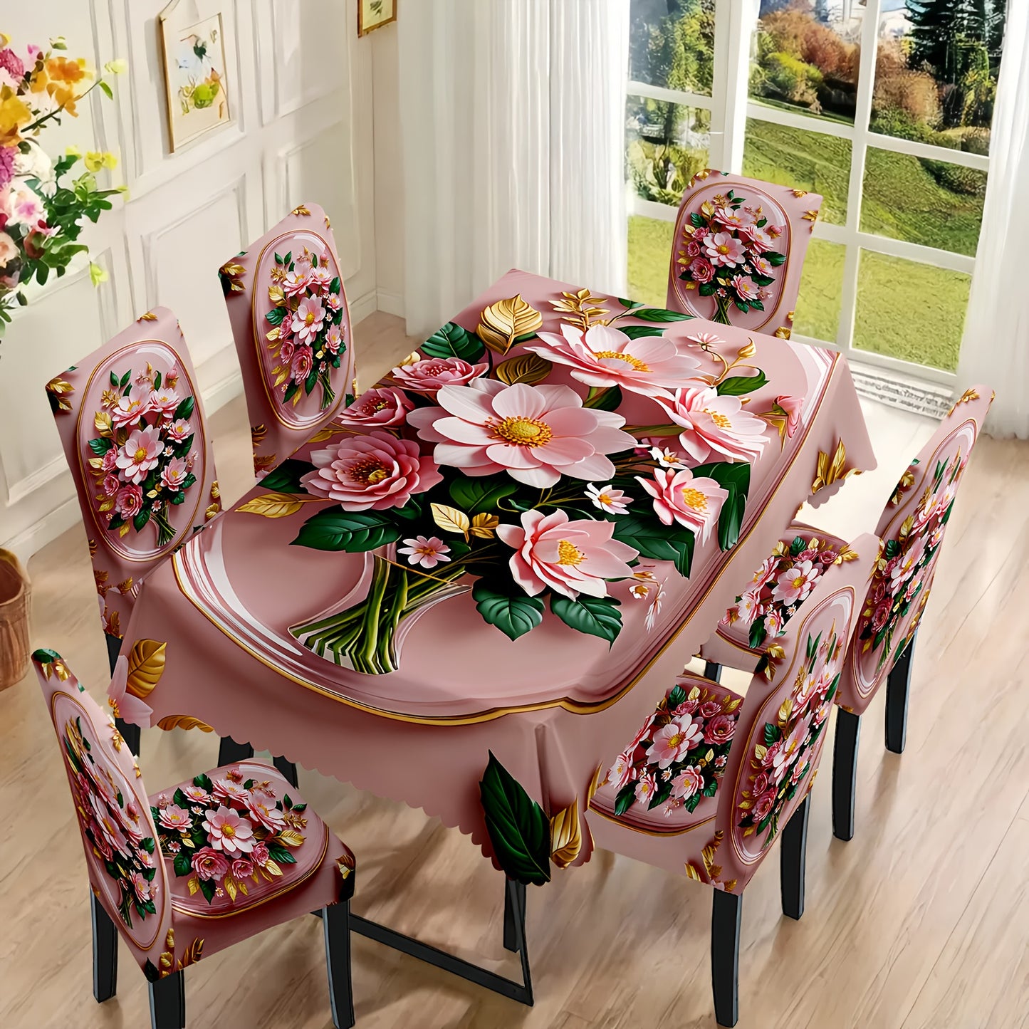 7 pièces Superbe ensemble de nappe rectangulaire + housse de chaise