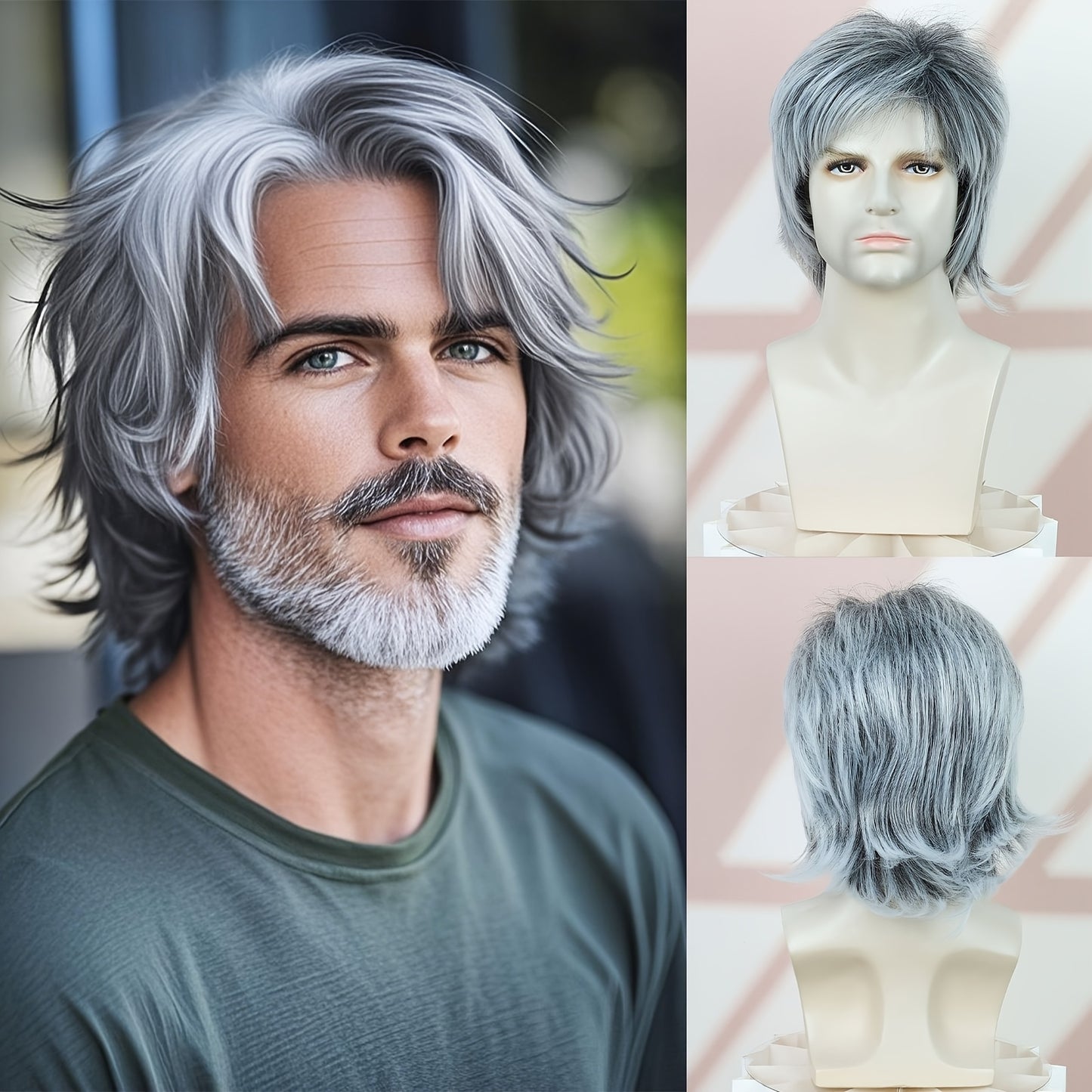 Perruque courte ondulée grise pour homme