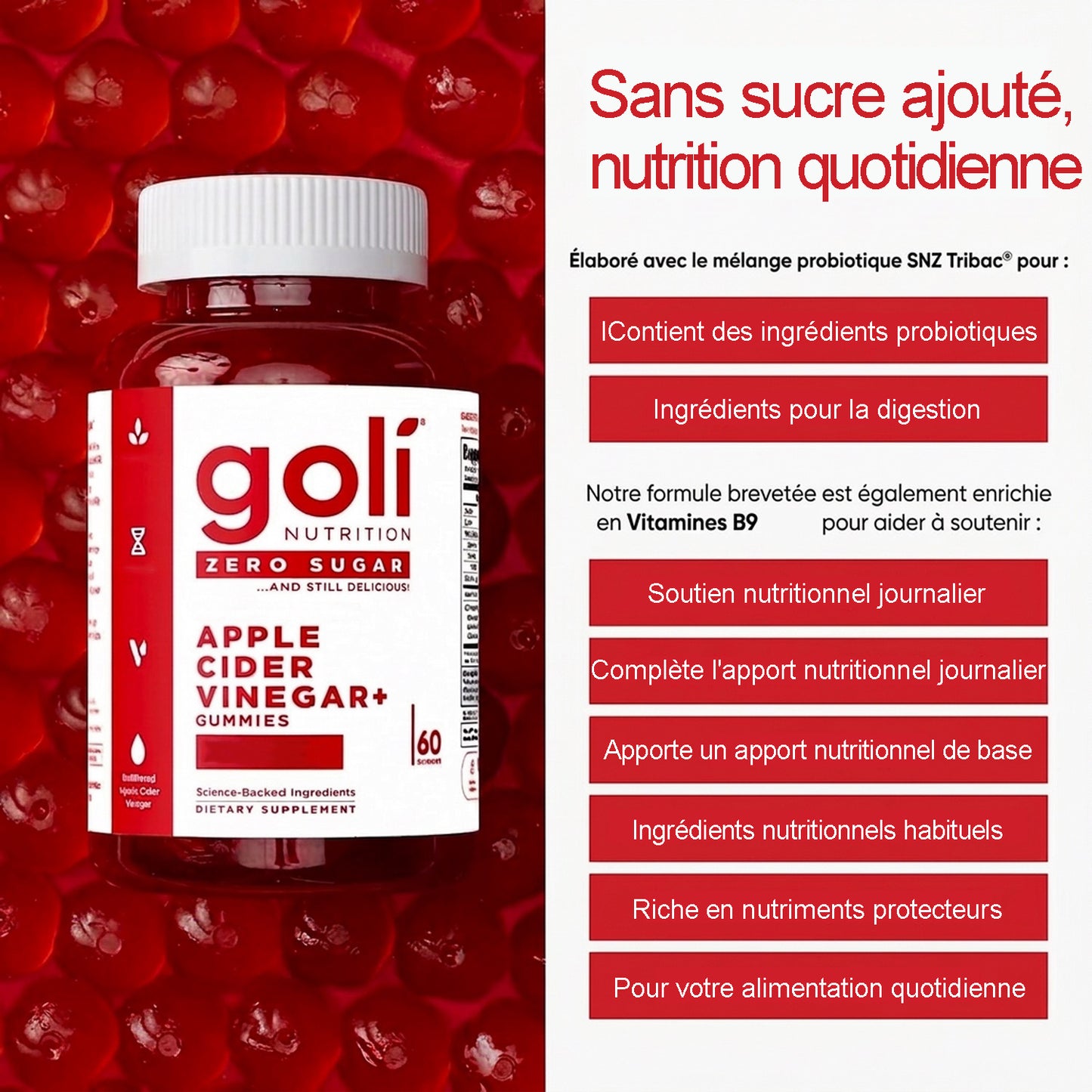 Gommes Vinaigre de Cidre de Pomme Vitamine B Probiotiques Vegan Keto Sans Gluten 60 Gelules