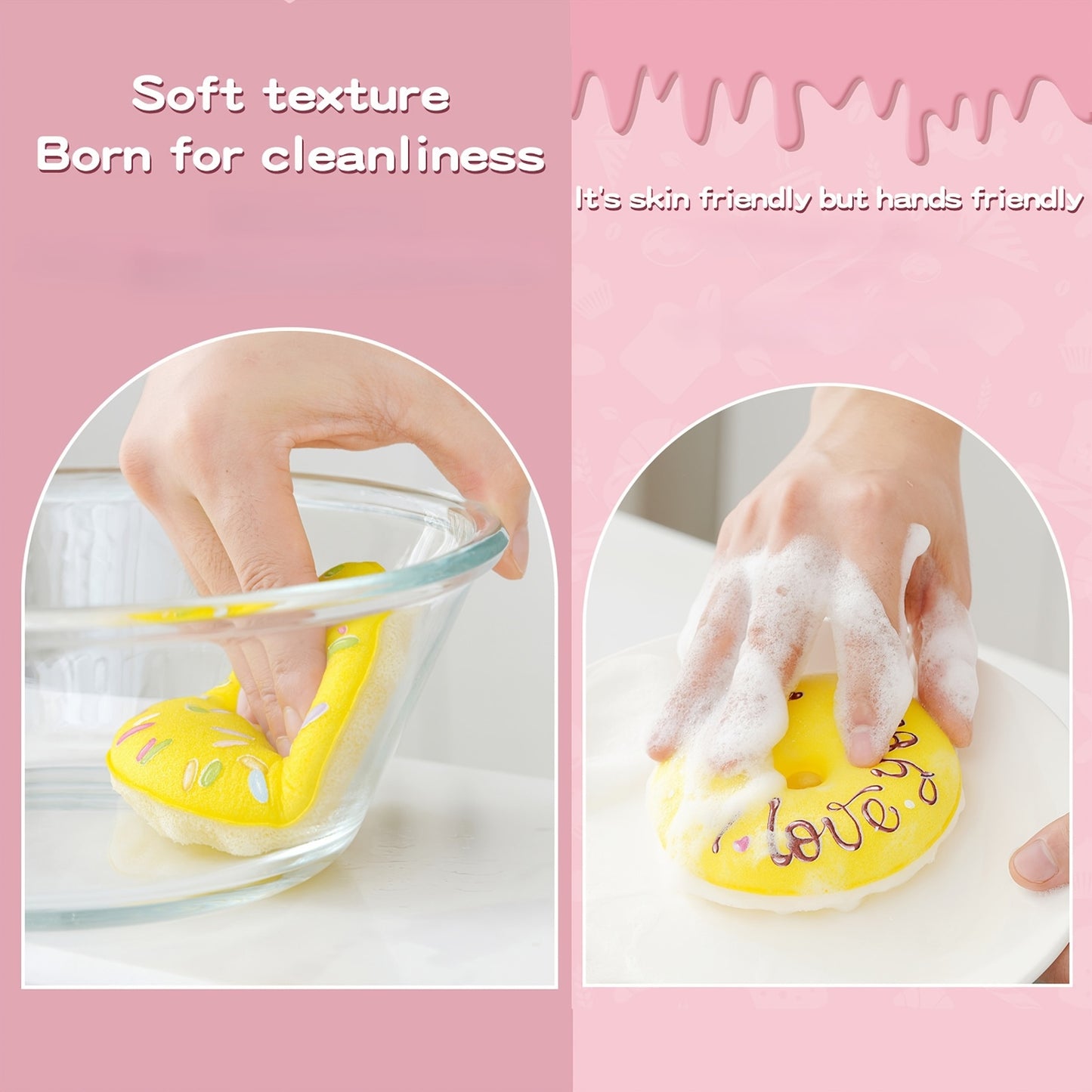 Lot de 5 PCS éponges-brosses, 4 éponges à vaisselle en forme de donut avec 1 ventouse