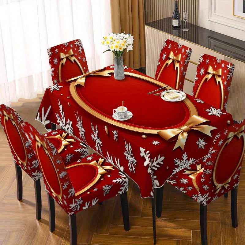 Tablecloth and chair set, 5pcs/7pcs, includes four chair covers and one tablecloth (7pcs) or six chair covers and one tablecloth, high-end design with simple style, Golden round border, snowflake and bow pattern decoration, s
