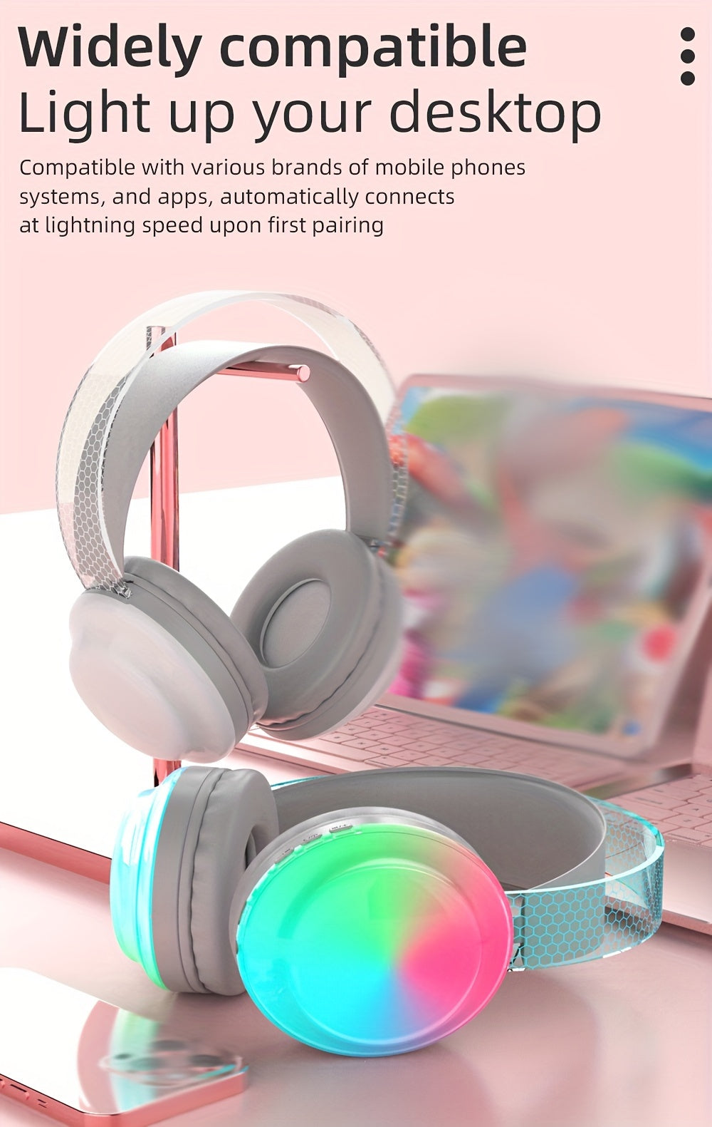 Casque sans fil léger 5.3 + EDR, casque circum-aural sans fil avec micro et lumières