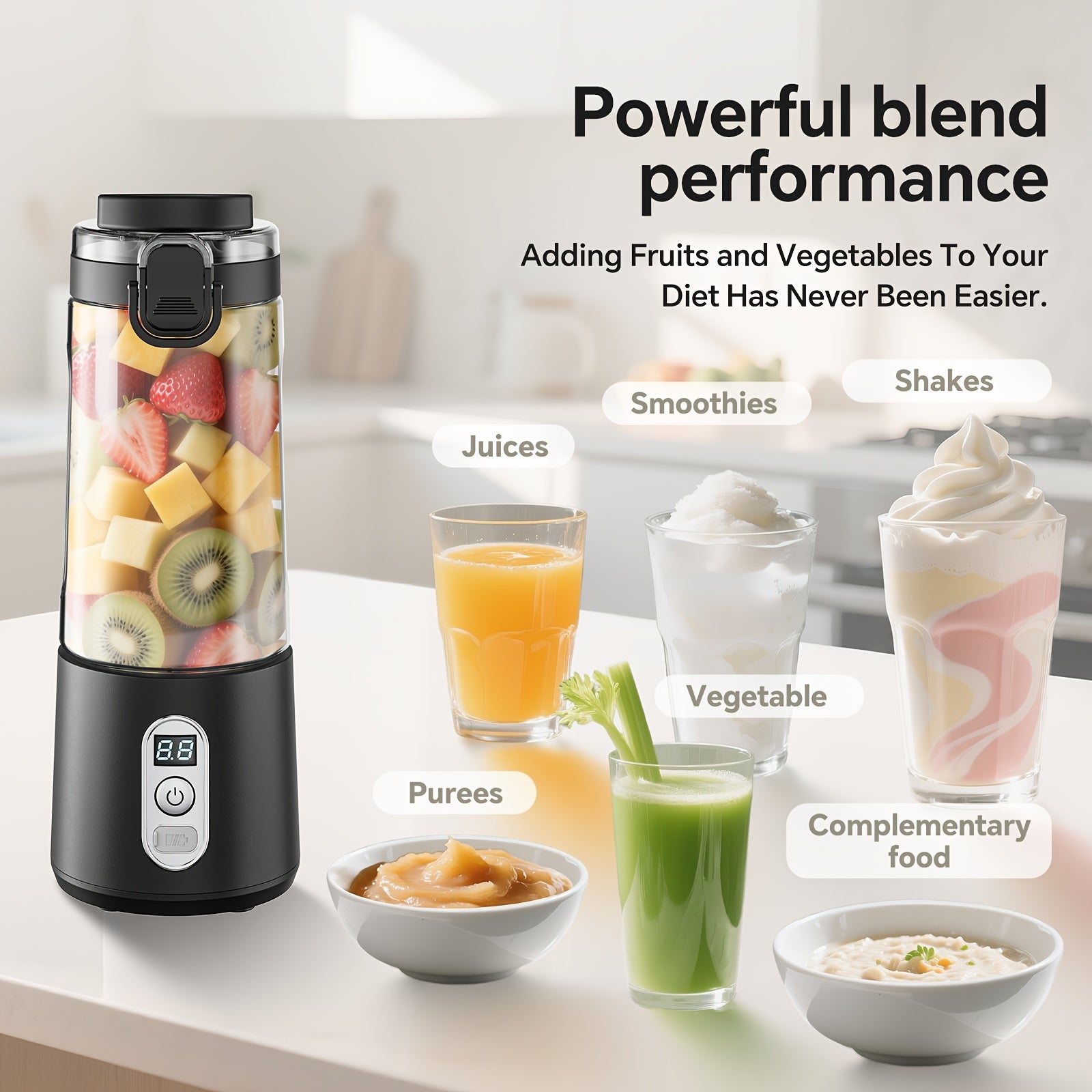LALAYUAN USB-Powered Portable Blender & Juicer with Digital Timer, High-Speed Ice Crushing, One-Tap Lid, 1300mAh Battery, 6-Blade Stainless Steel, USB-C Charging, Compact Blender for Smoothies, Protein Shakes, Gym, Travel, Of - Topdecheztop.fr