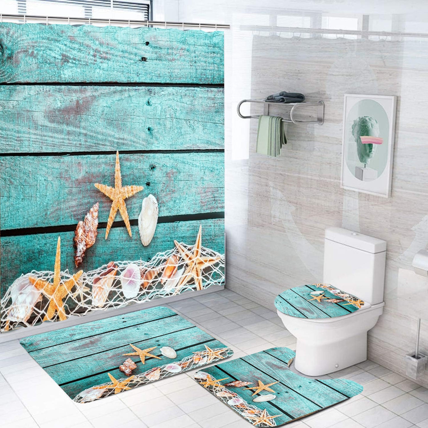 Rideau de douche de salle de bain avec tapis de sol et imprimé