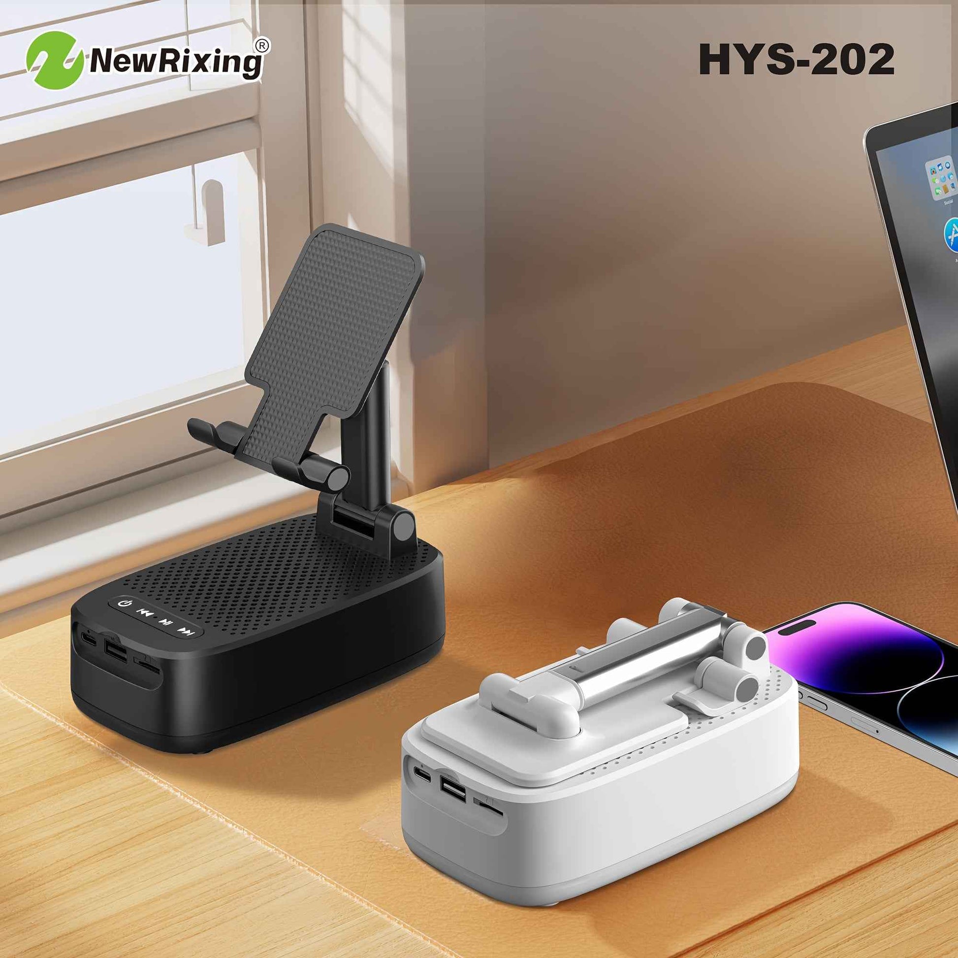 NewRixing 6W Wireless Speaker with Phone Holder, TWS Dual Pairing, 1800mAh Battery, Hands-Free Call Function, Power Bank, 6-Hour Playtime, Hi-Fi Sound Quality, Loud Stereo & Deep Bass, USB-C Charging, Indoor/Outdoor Use | Adj