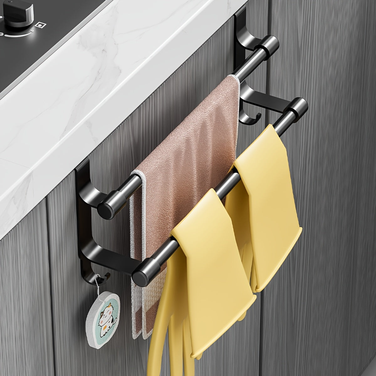 [2 tailles disponibles] 1 pc Porte-serviettes sur porte de meuble, barre double en acier inoxydable avec crochets latéraux, barre à serviettes de cuisine sans perçage, pour porte de meuble, organiser torchons, gants, outils de nettoyage, 2 tailles disponibles