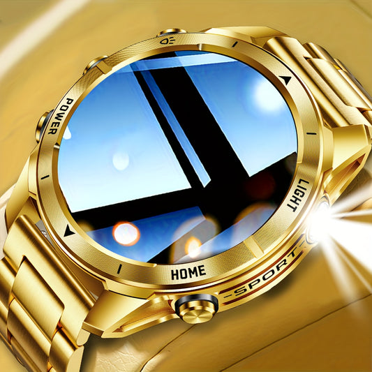 Montre connectée avec bracelet en acier doré, écran tactile haute définition