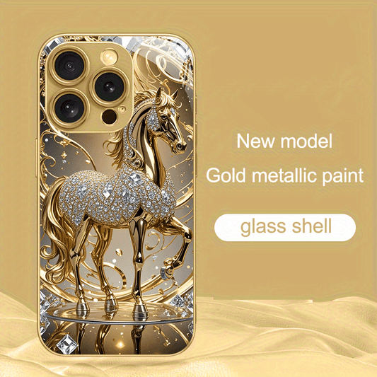 Coque de téléphone de luxe premium en verre avec motif cheval doré - Topdecheztop.fr