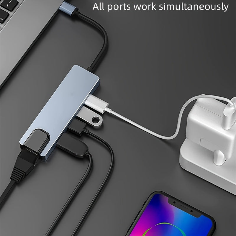 Hub adaptateur USB-C vers TVHD 5 en 1 avec port Ethernet, 4 ports USB et connecteur Type-C