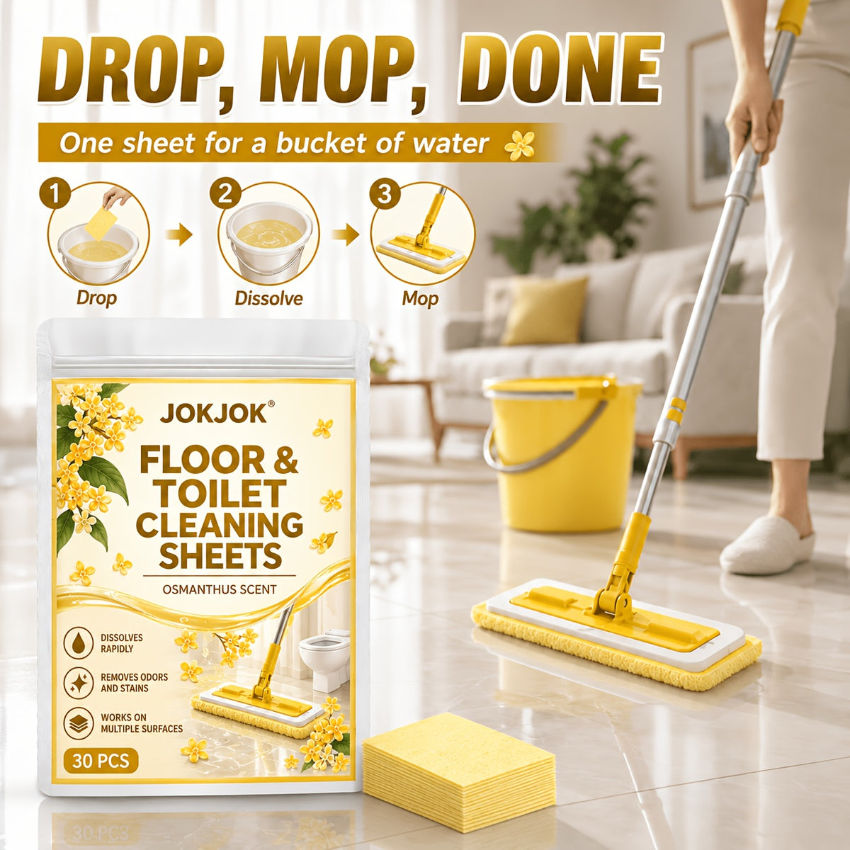 JOKJOK Feuilles de Nettoyage Premium pour Sol et Toilettes 30 pièces, Pastilles de Nettoyage Effaçables Parfumées à l'Osmanthus, Une Feuille par Seau d'Eau, Éliminent les Taches et les Odeurs, Feuilles de Nettoyage Multi-Surfaces pour Carrelage, Parquet, Salle de Bain