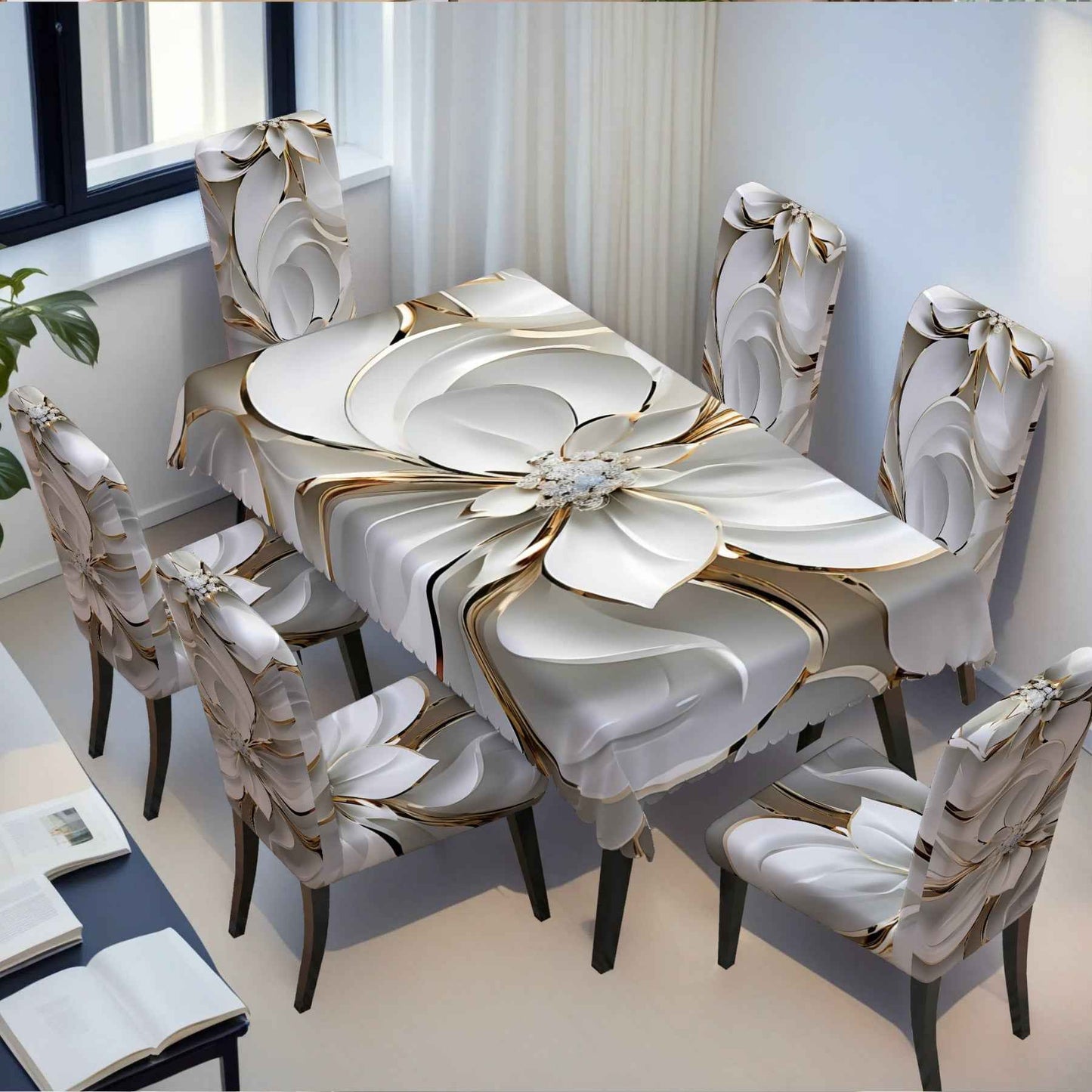 Open : Luxury Platinum Floral Gilded Line Tablecloth Chair Cover Printed 5/7pcs Set (1 Tablecloth + 4 Chair Covers / 1 Tablecloth + 6 Chair Covers) Simple And Noble Tablecloth Chair Cover, Exquisite Flower Pattern Stretch Cha