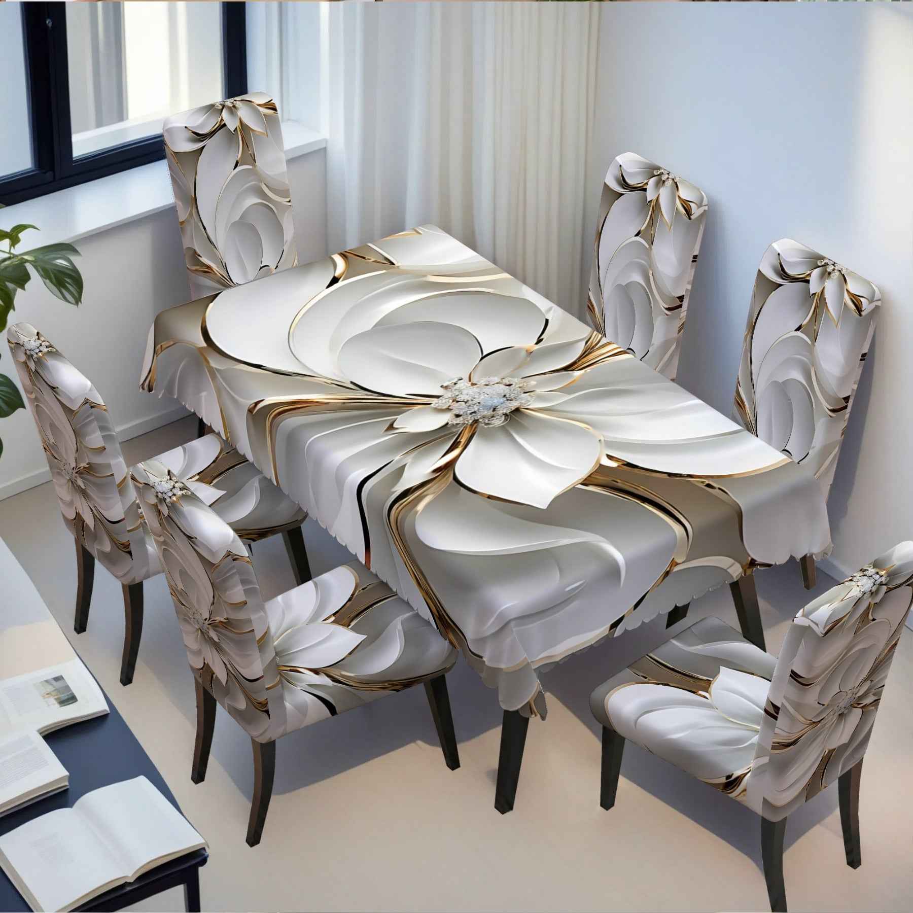 Open : Luxury Platinum Floral Gilded Line Tablecloth Chair Cover Printed 5/7pcs Set (1 Tablecloth + 4 Chair Covers / 1 Tablecloth + 6 Chair Covers) Simple And Noble Tablecloth Chair Cover, Exquisite Flower Pattern Stretch Cha