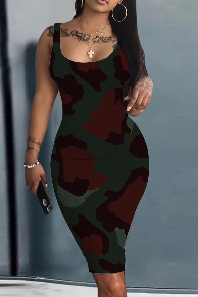 Robe ample à imprimé numérique pour femme, sans manches, col rond, coupe ajustée