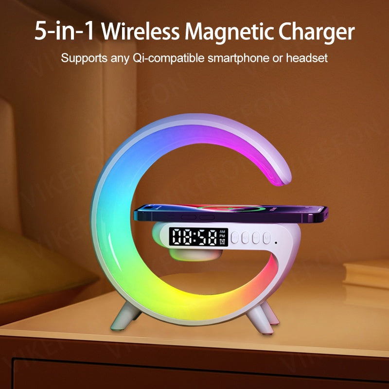 MINI Enceinte sans fil RGB multifonctionnelle, chargeur sans fil, support, radio-réveil FM